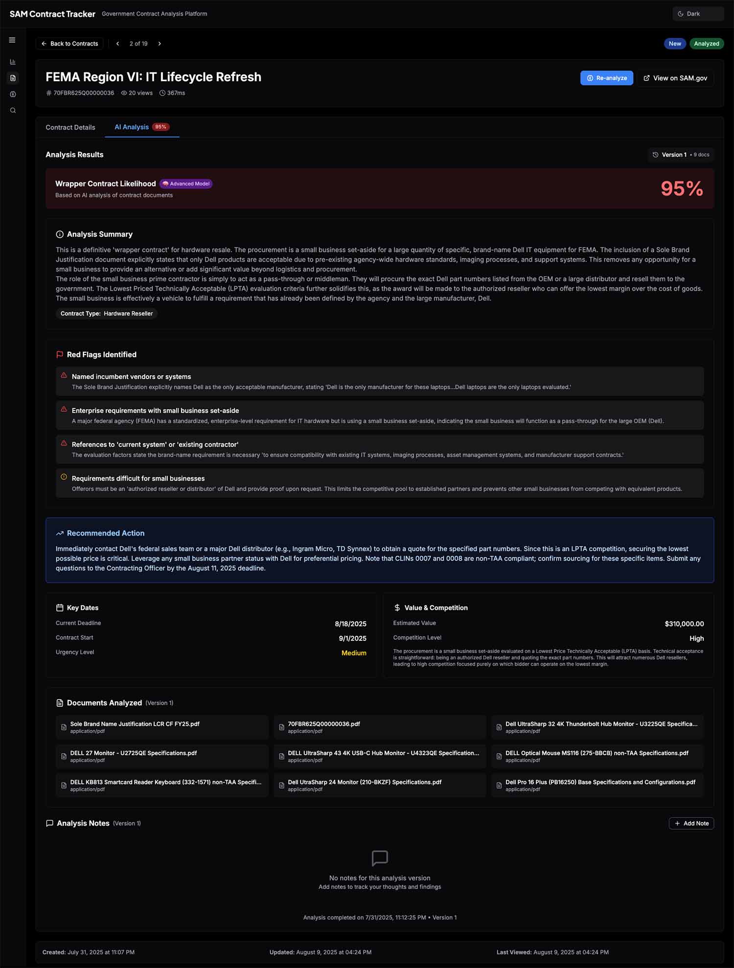 Screenshot of the SAM Tracker AI analysis, showing winnability score, red flags and recommended action.